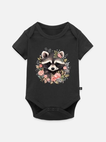 Waschbär Blumen Lustig Geschenk - Baby Premium Kurzarmbody - Schwarz
