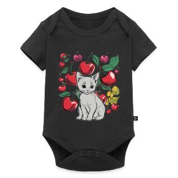 cerises, jardin, chat, été, fruits, fruits - Body à manches courtes Premium Bébé - noir - Devant