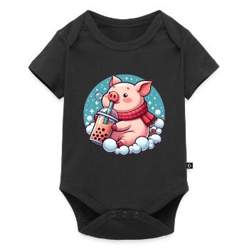 Schwein genießt Bubble Tea - Baby Premium Kurzarmbody - Schwarz - Vorne