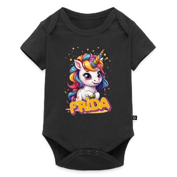 F R I D A - Schöner Mädchen Name mit süßem Einhorn - Baby Premium Kurzarmbody - Schwarz - Vorne