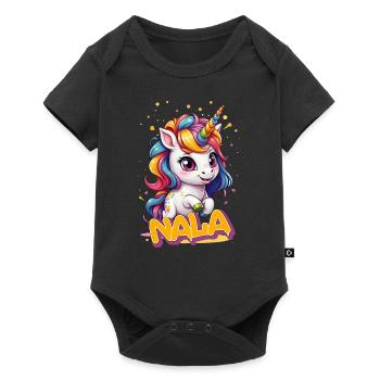 NALA - Schöner Mädchen Name mit süßem Einhorn - Baby Premium Kurzarmbody - Schwarz - Vorne