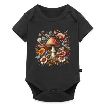 Cottagecore Pilz mit bunten Blumen - Baby Premium Kurzarmbody - Schwarz - Vorne