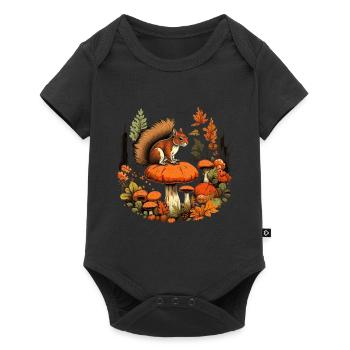 Herbst Eichhörnchen auf Orange Pilz Wald Szene - Baby Premium Kurzarmbody - Schwarz - Vorne