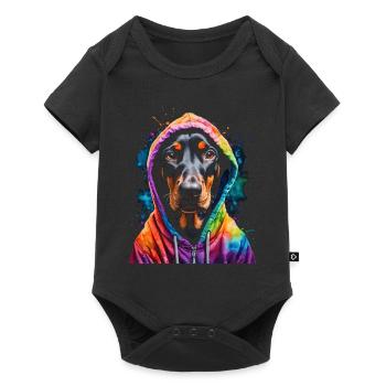 Dobermann Hoodie Hund Bunt Lustig Tier Print - Baby Premium Kurzarmbody - Schwarz - Vorne