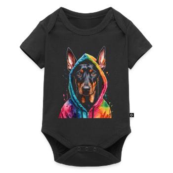 Dobermann Hoodie Hund Bunt Lustig Tier Print - Baby Premium Kurzarmbody - Schwarz - Vorne