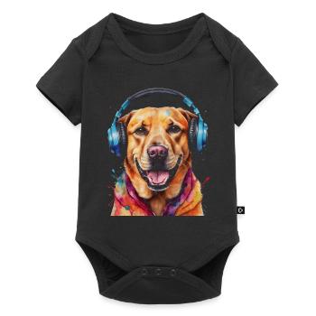 Labrador Retriever Kopfhörer Hund Tier Print - Baby Premium Kurzarmbody - Schwarz - Vorne