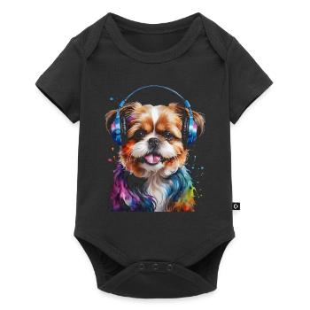 Shih Tzu Kopfhörer Hund Lustig Tier Design Print - Baby Premium Kurzarmbody - Schwarz - Vorne