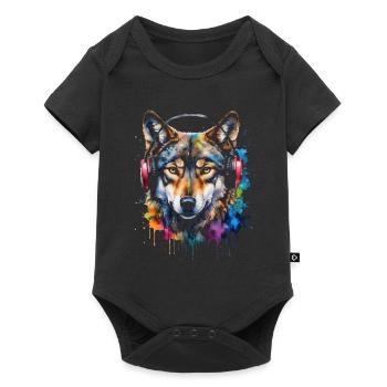 Wolf Kopfhörer Musik Bunt Tier Design Print - Baby Premium Kurzarmbody - Schwarz - Vorne