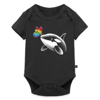 Orca Wal Schmetterlinge Tier Blumen Illustration - Baby Premium Kurzarmbody - Schwarz - Vorne