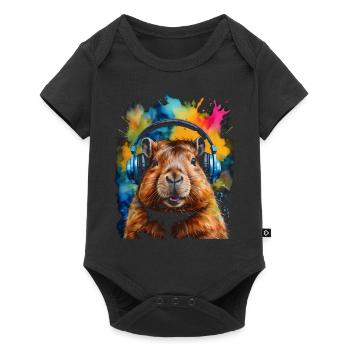 Capybara Kopfhörer Capy Bunt Tier Design Print - Baby Premium Kurzarmbody - Schwarz - Vorne