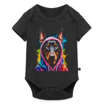 Dobermann Hoodie Hund Bunt Lustig Tier Print - Baby Premium Kurzarmbody - Schwarz - Vorne