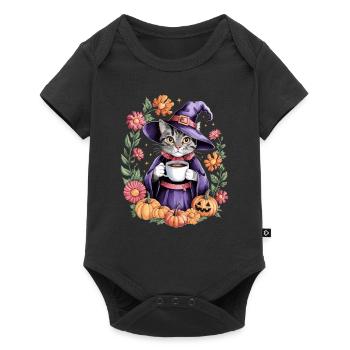 Chat sorcière Halloween avec des citrouilles et des fleurs - Body à manches courtes Premium Bébé - noir - Devant