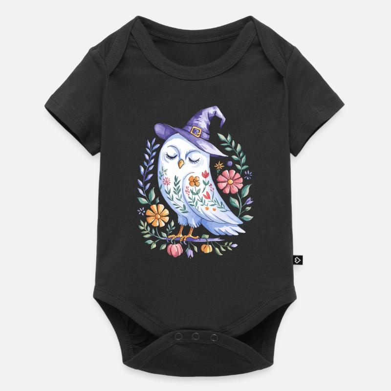 Halloween Eule Mit Hexenhut Und Blumen - Baby Premium Kurzarmbody - Schwarz
