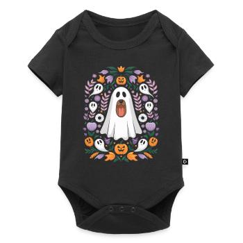 Fantôme de chien d'Halloween avec citrouilles et fleurs - Body à manches courtes Premium Bébé - noir - Devant