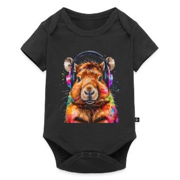 Capybara Kopfhörer Capy Bunt Tier Design Print - Baby Premium Kurzarmbody - Schwarz - Vorne