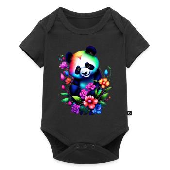 Rainbow Panda with Flowers Dreamy Fantasy Art - Baby Premium short-sleeve bodysuit - black - Front