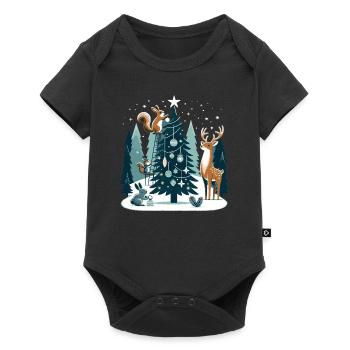 Weihnachtsdesign mit Waldtieren am Weihnachtsbaum - Baby Premium Kurzarmbody - Schwarz - Vorne