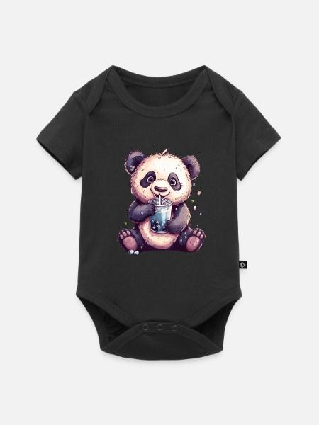 Niedlicher Panda mit Tee - Baby Premium Kurzarmbody - Schwarz