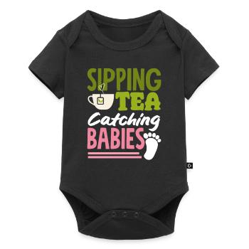 Hebamme Sipping Tea Catching Babies - Baby Premium Kurzarmbody - Schwarz - Vorne