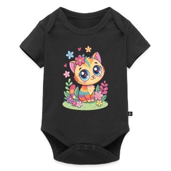 Chat arc-en-ciel avec des fleurs - Body à manches courtes Premium Bébé - noir - Devant
