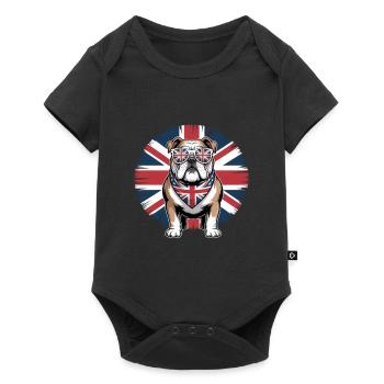 Englische Bulldogge Mit Union Jack Brille - Baby Premium Kurzarmbody - Schwarz - Vorne