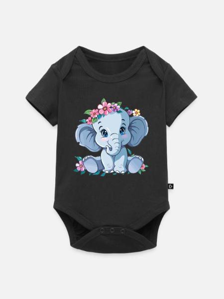 Blumenbaby Elefant - Baby Premium Kurzarmbody - Schwarz