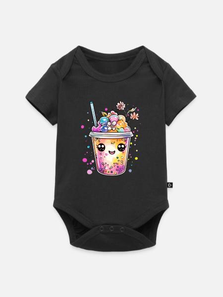 Bubble Tea mit Blüten - Baby Premium Kurzarmbody - Schwarz