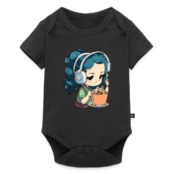 Mädchen mit Kopfhörern hört Musik und isst Müsli - Baby Premium Kurzarmbody - Schwarz - Vorne