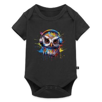 Lustige Eule hört Musik über Kopfhörer - Baby Premium Kurzarmbody - Schwarz - Vorne