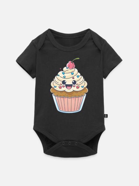 Kawaii Niedlicher glücklicher Cupcake - Baby Premium Kurzarmbody - Schwarz