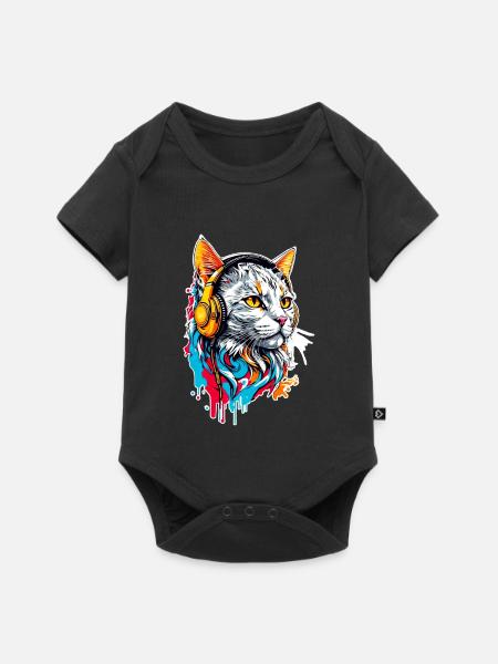 Katze hört Musik - Baby Premium Kurzarmbody - Schwarz