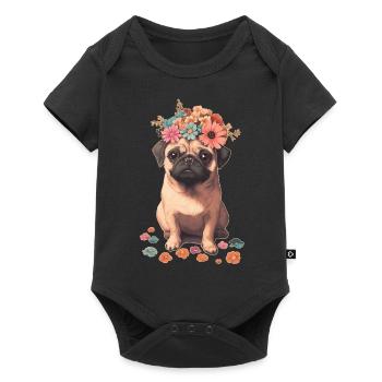 Mops mit Blumen - Baby Premium Kurzarmbody - Schwarz - Vorne