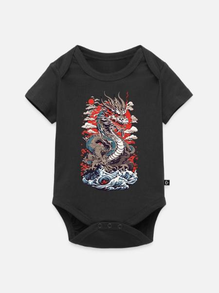 Japanischer Drache Ukiyo-E Stil mit Kanagawa Welle - Baby Premium Kurzarmbody - Schwarz