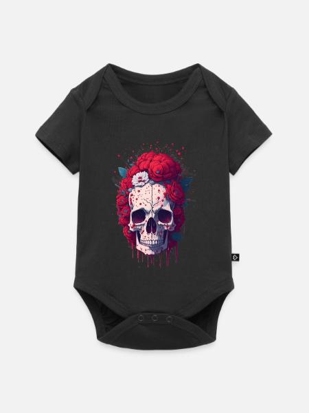 Totenkopf mit roten Blumen - Baby Premium Kurzarmbody - Schwarz