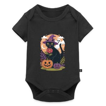 Halloween Katarte mit Hexenhut und Kürbissen - Baby Premium Kurzarmbody - Schwarz - Vorne