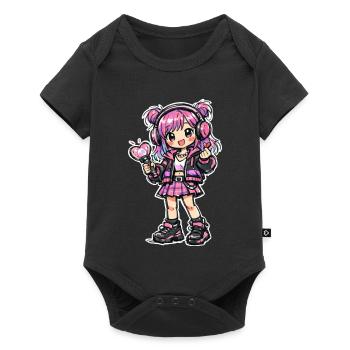 Kawaii Anime Mädchen mit Kopfhörer - Baby Premium Kurzarmbody - Schwarz - Vorne