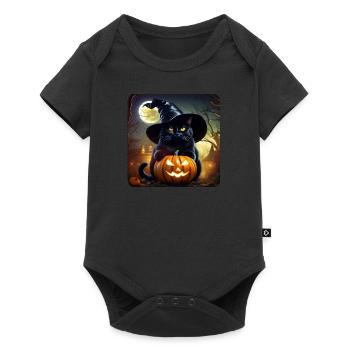 Schwarze Katze mit Zauberhut und gruseligen Kürbis - Baby Premium Kurzarmbody - Schwarz - Vorne