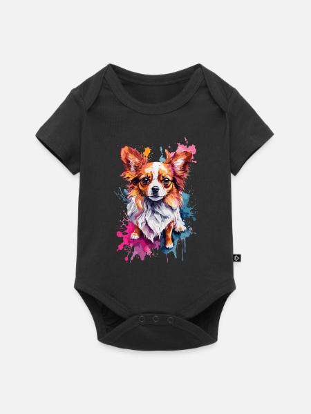 Papillon Niedlicher Hund, Bunt, Aquarelle, Neon - Baby Premium Kurzarmbody - Schwarz