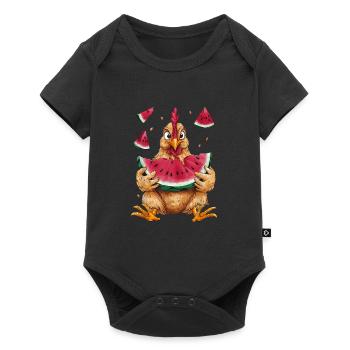 Poulet mignon mangeant des fruits de pastèque d’été - Body à manches courtes Premium Bébé - noir - Devant