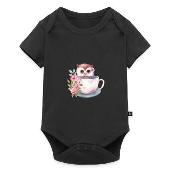 Mignon bébé hibou rose avec des fleurs dans une tasse - Body à manches courtes Premium Bébé - noir - Devant