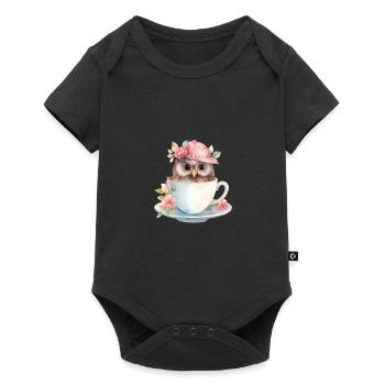 Hibou mignon avec chapeau et fleurs dans une tasse - Body à manches courtes Premium Bébé - noir - Devant
