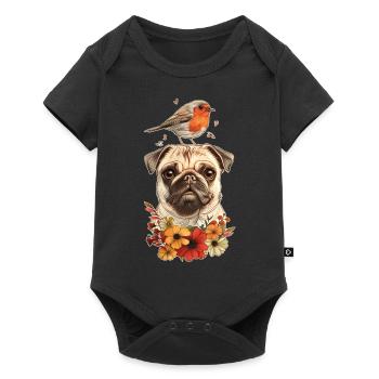 Mops mit Vogel - Baby Premium Kurzarmbody - Schwarz - Vorne