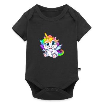 00264 flauschiges Einhorn Baby mit Regenbogenmähne - Baby Premium Kurzarmbody - Schwarz - Vorne