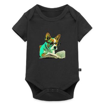 Pup Art: Der lesende Hund mit Brille Pop Art Style - Baby Premium Kurzarmbody - Schwarz - Vorne