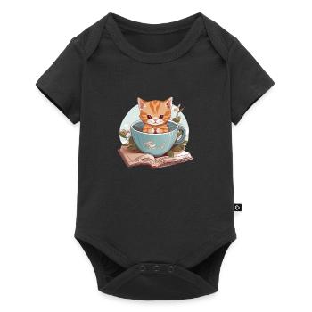 niedliche Katze in Tasse - Baby Premium Kurzarmbody - Schwarz - Vorne