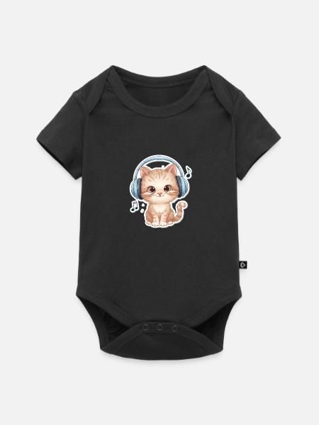 Süße Katze mit Doodle-Kopfhörern - Baby Premium Kurzarmbody - Schwarz