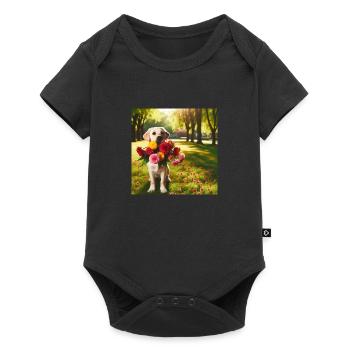 Chien qui porte des fleurs dans une forêt - Body à manches courtes Premium Bébé - noir - Devant