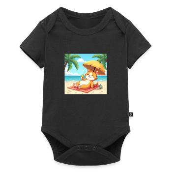 Chat sur la plage au soleil avec boisson - dessin animé - Body à manches courtes Premium Bébé - noir - Devant