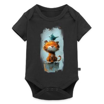 Niedliche Katze mit Ente auf dem Kopf für Kinder - Baby Premium Kurzarmbody - Schwarz - Vorne
