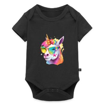 Buntes cooles Alpaka-Einhorn mit Sonnenbrille - Baby Premium Kurzarmbody - Schwarz - Vorne
